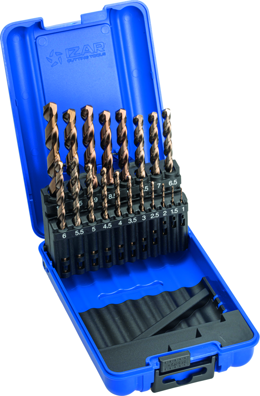 Bohrerkassette, Spiralbohrer Izar kurz HSS Kobalt 5%, 1-10x0,5 mm, mit Zylinders