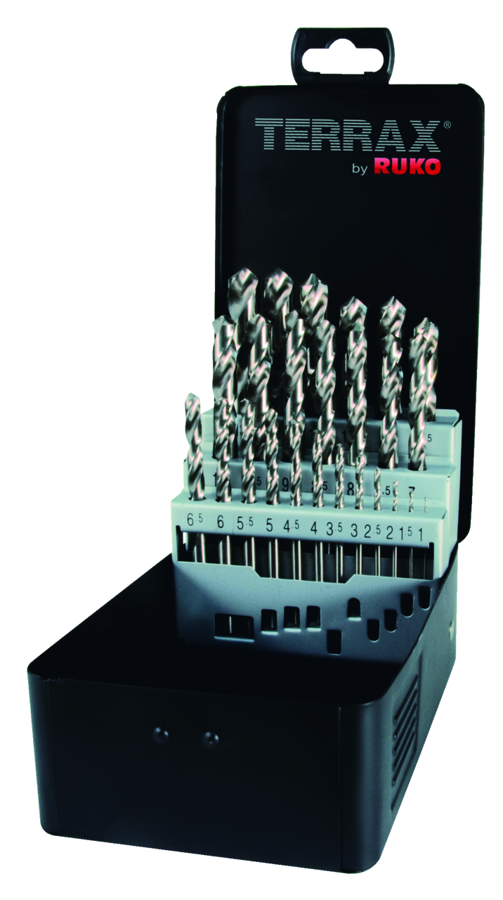 Spiralbohrer-Satz Terrax DIN 338 Typ N, HSS-G - 25 tlg. (Stahlblechkassette)