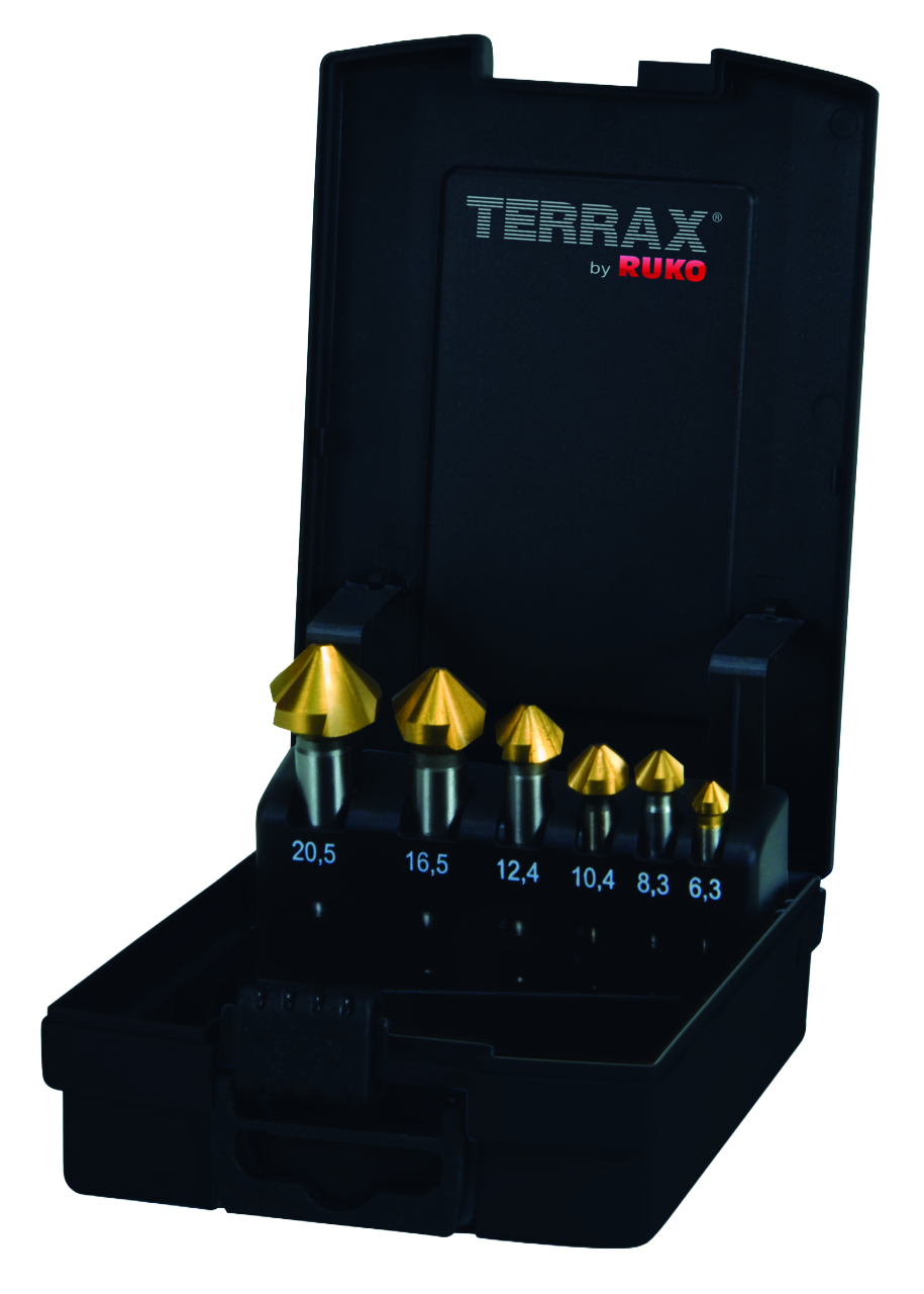 Jeux Terrax de fraises à chanfreiner 3 dents DIN 335 forme C 90° HSS TiN en coff