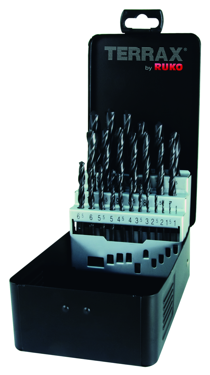 Spiralbohrer-Satz Terrax DIN 338 Typ N, HSS-R - 25 tlg. (Stahlblechkassette)