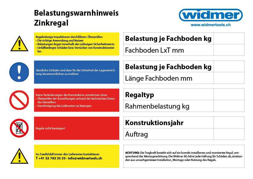 Belastungsschild Widmer für Steckregal Zinc