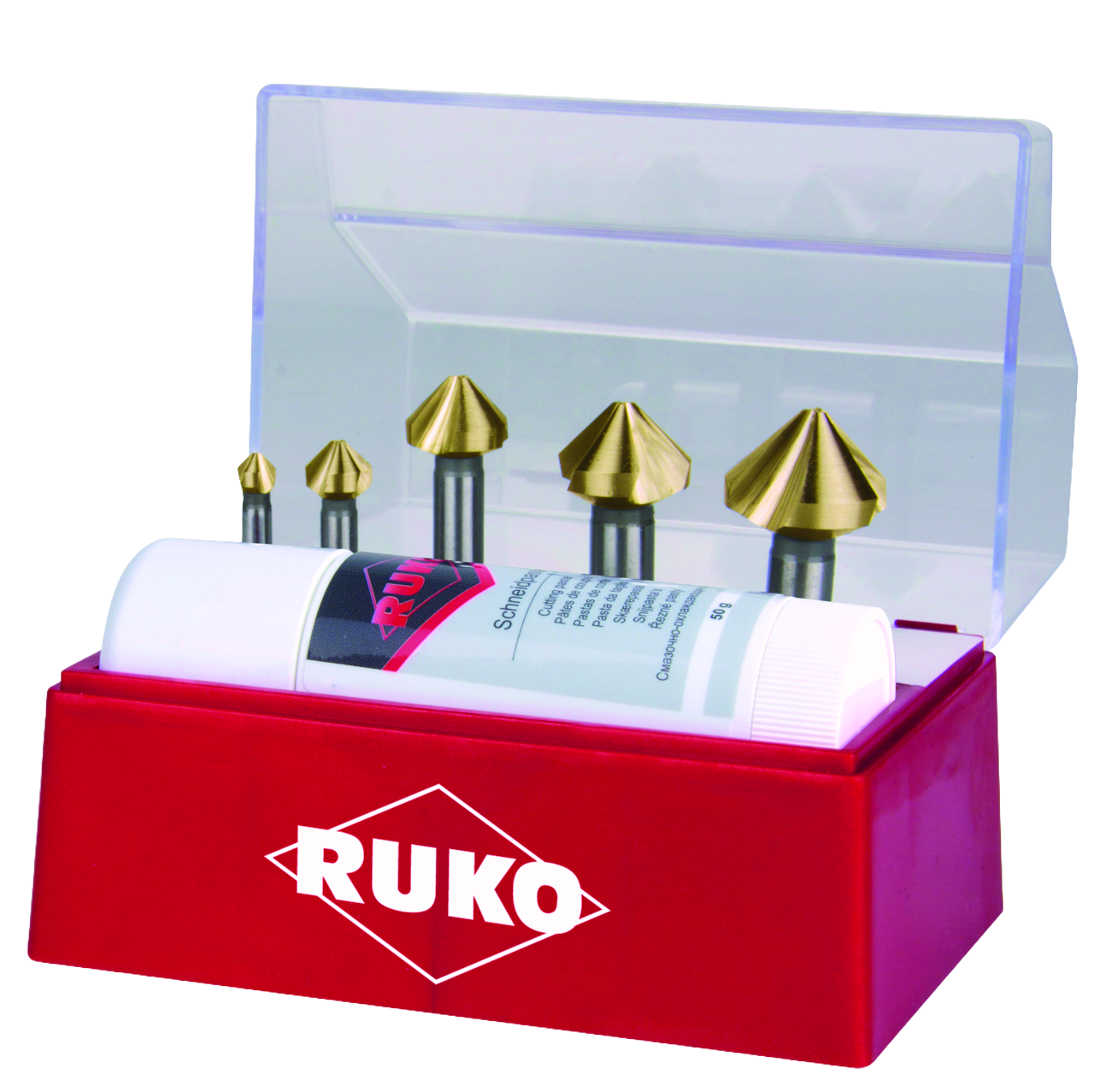Jeu de fraises à chanfreiner Ruko DIN 335 Type C 90° HSS TiN + pâte de coupe 40