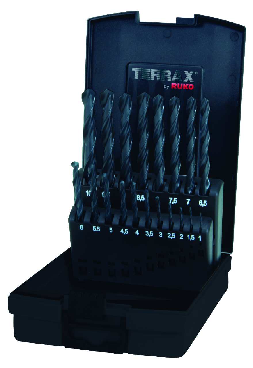 Spiralbohrer-Satz Terrax DIN 338 Typ N, HSS-R - 19 tlg. (Kassette Kunststoff)