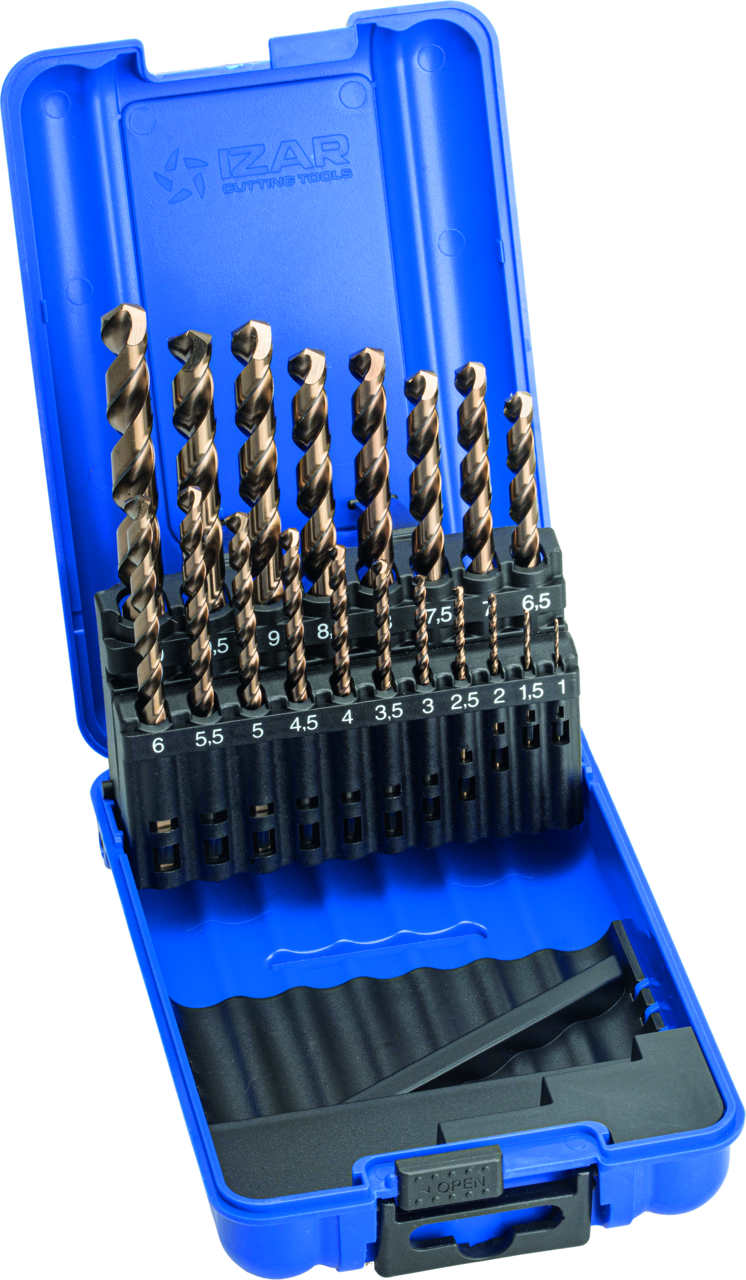 Bohrerkassette, Spiralbohrer Izar HSS Kobalt 5%, 1-10x0,5 mm, mit 3-Flächenschaf