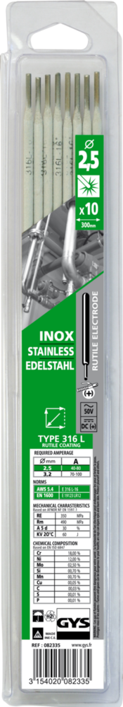 Stabelektroden GYS, 10 Stk., 300 x 2,5 mm, Inox 316L