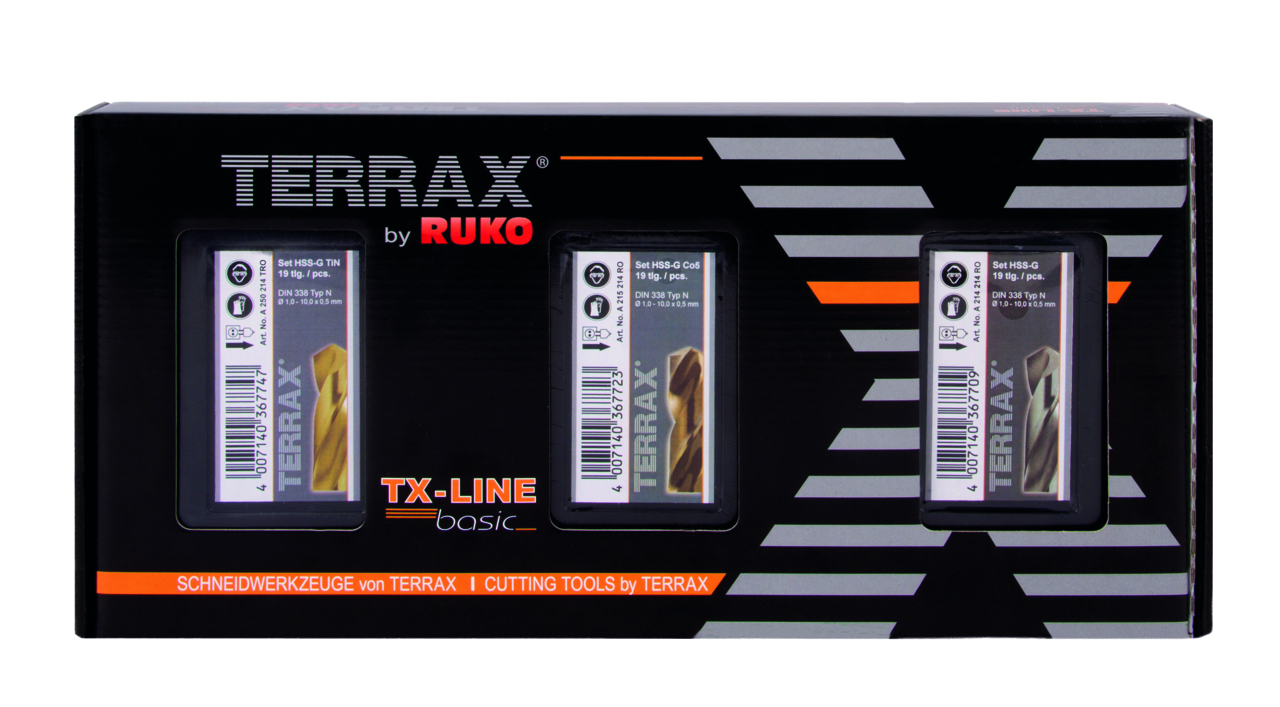 3in1 Box Terrax - Spiralbohrer-Sätze DIN 338 Typ N, HSS + HSS-TiN + HSSE-Co 5 je