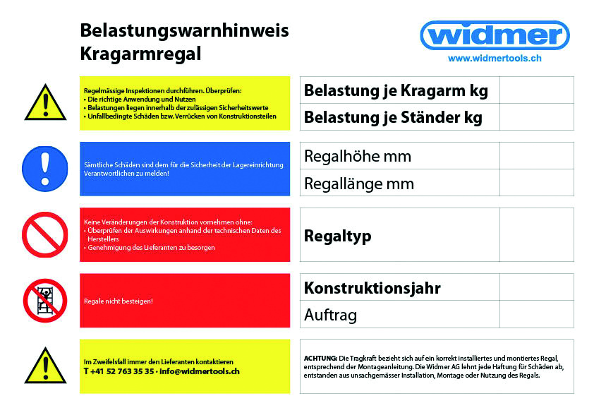 Belastungsschild Widmer für Kragarmregal CL / TC