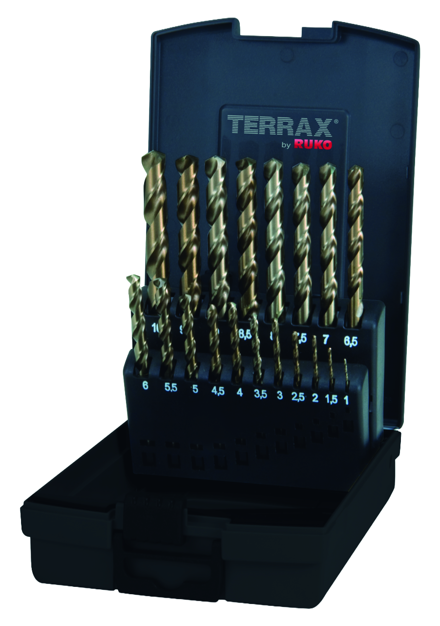 Spiralbohrer-Satz Terrax DIN 338 Typ VA HSSE-Co 5 - 19 tlg. (Kunststoffkassette)